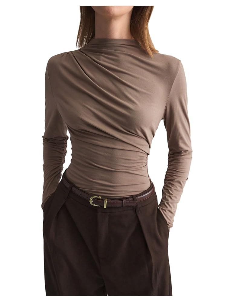 SHENHE Women's Mock Neck Long Sleeve Shirt Ruched Slim Fit Basic Trendy Top Going Out Tee | Amazon (US)