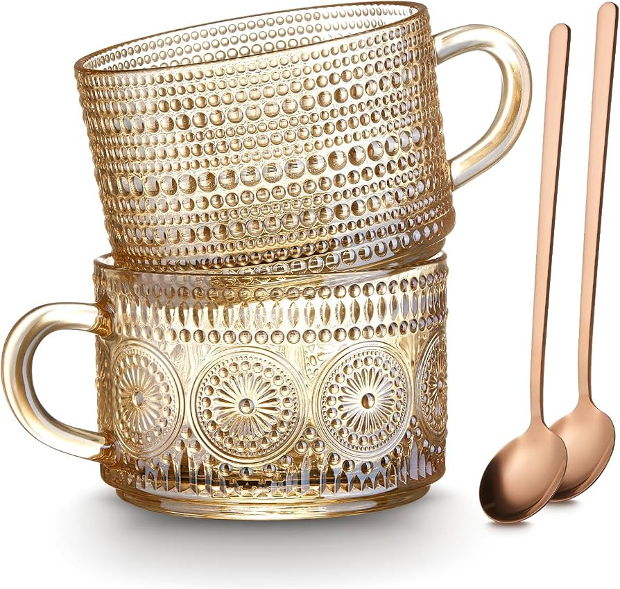MFACOY Vintage Coffee Mugs Set of 2, 14 oz Glass Tea Cups with Handle, Amber Embossed Glass Cups ... | Amazon (US)