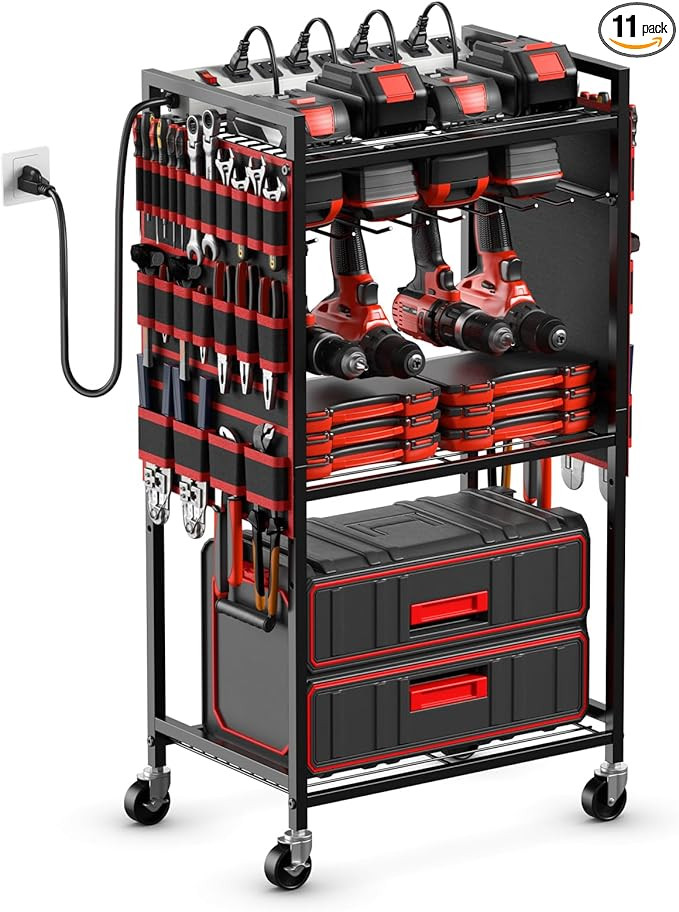 JUNNUJ Large Power Tool Organizer Cart with Charging Station, Garage Floor Standing Rolling Drill... | Amazon (US)