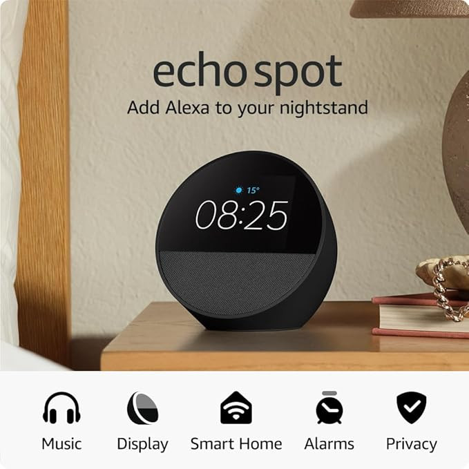 Echo Spot (newest gen), Smart alarm clock with vibrant sound + Alexa, Black | Amazon (UK)