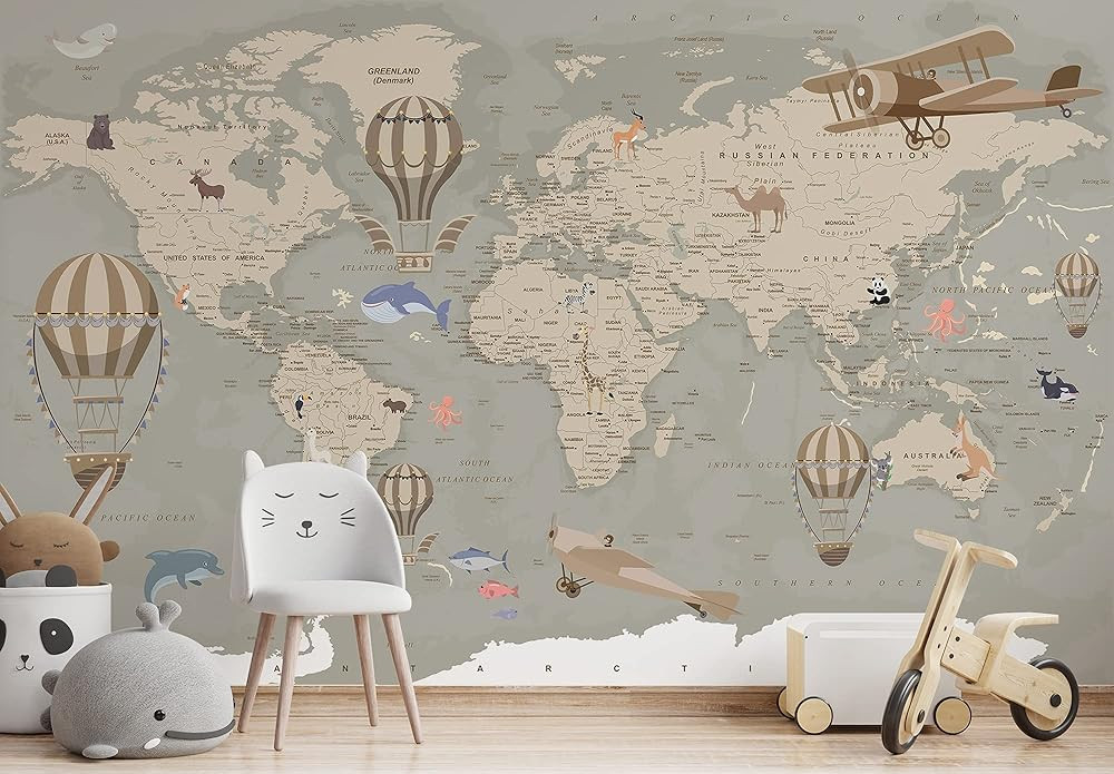 Murwall Kids Wallpaper Soft Political World Map Wall Mural Drawing Animals Wall Print Childroom K... | Amazon (US)