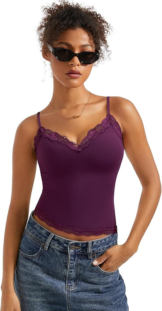 SUUKSESS Women Padded Lace Double Lined Tank Tops Sexy V Neck Summer Going Out Top | Amazon (US)