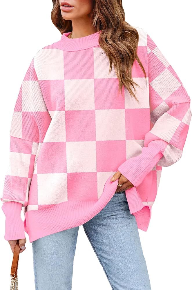 Sucolan Women's Crewneck Oversized Sweaters 2023 Fall Fashion Batwing Long Sleeve Knit Side Slit ... | Amazon (US)