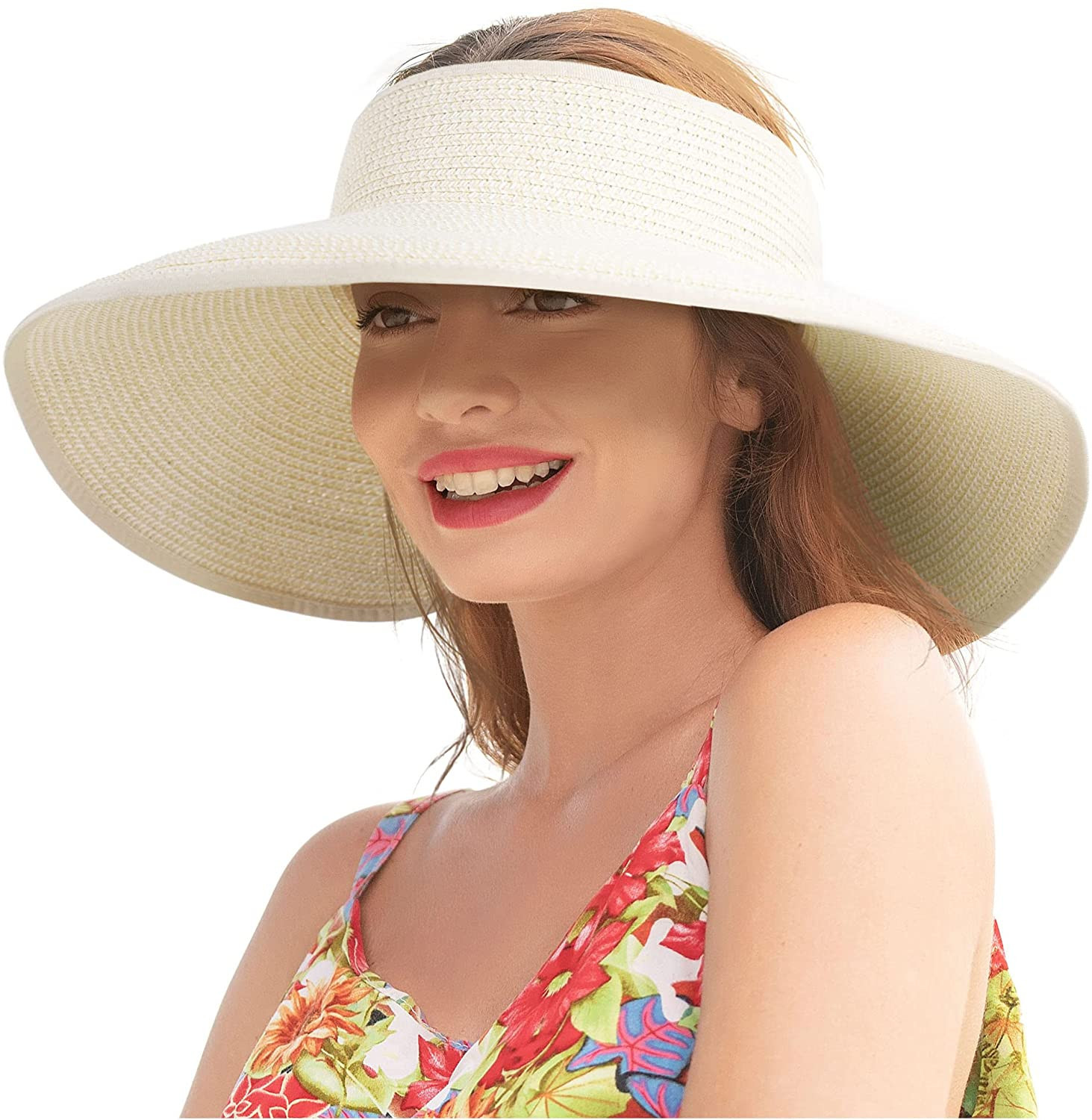 Sun Visors for Women Wide Brim Straw Hat Women Beach Visor Hats for Women Uv Protection Foldable ... | Amazon (US)