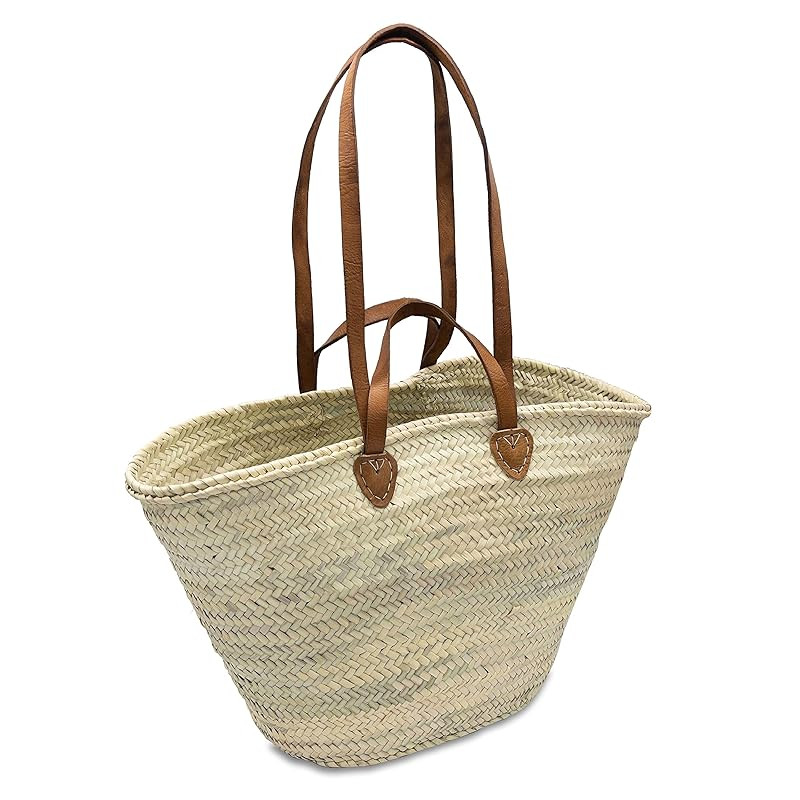 FRENCH BASKET with double flat leather handles, straw bag, beach bag, basket bag, straw basket, s... | Amazon (US)