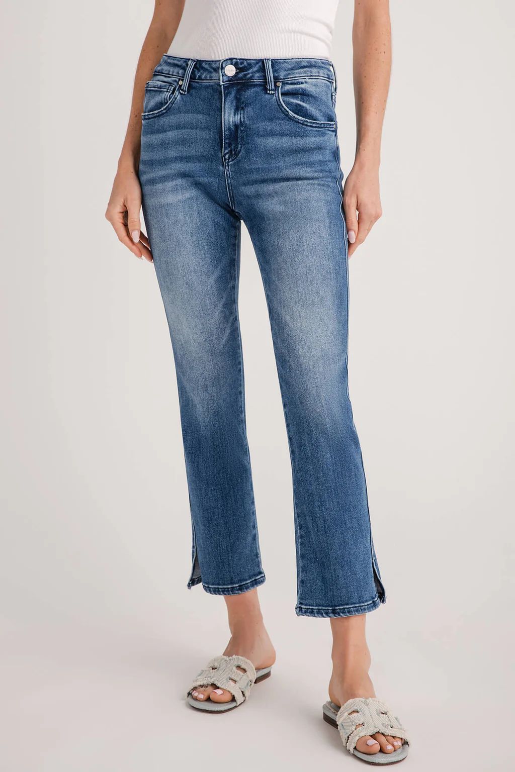 Risen Blair Mid Rise Slim Side Slit Straight Leg Jeans | Social Threads