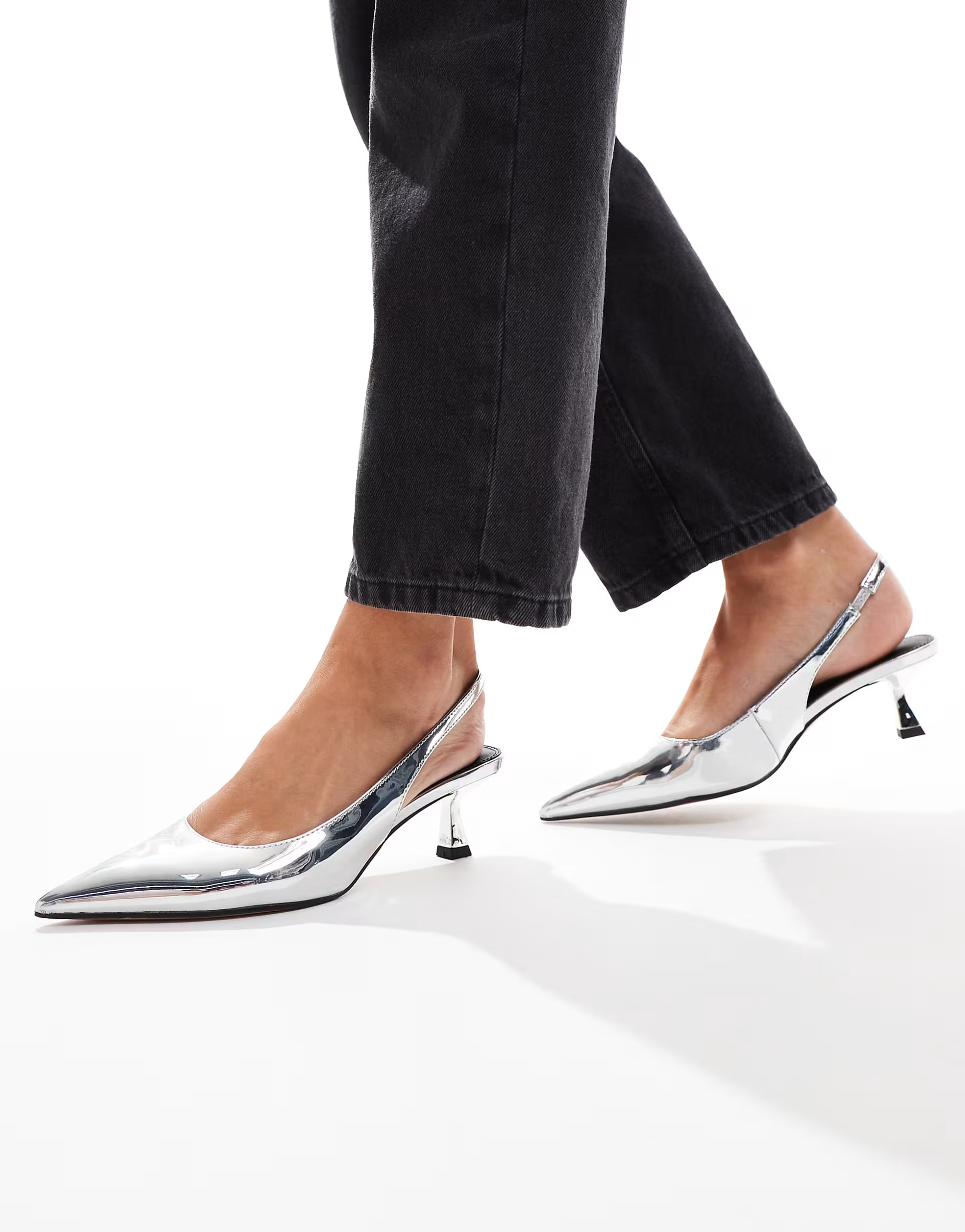 ASOS DESIGN Stroll slingback kitten heel shoes in silver | ASOS (Global)