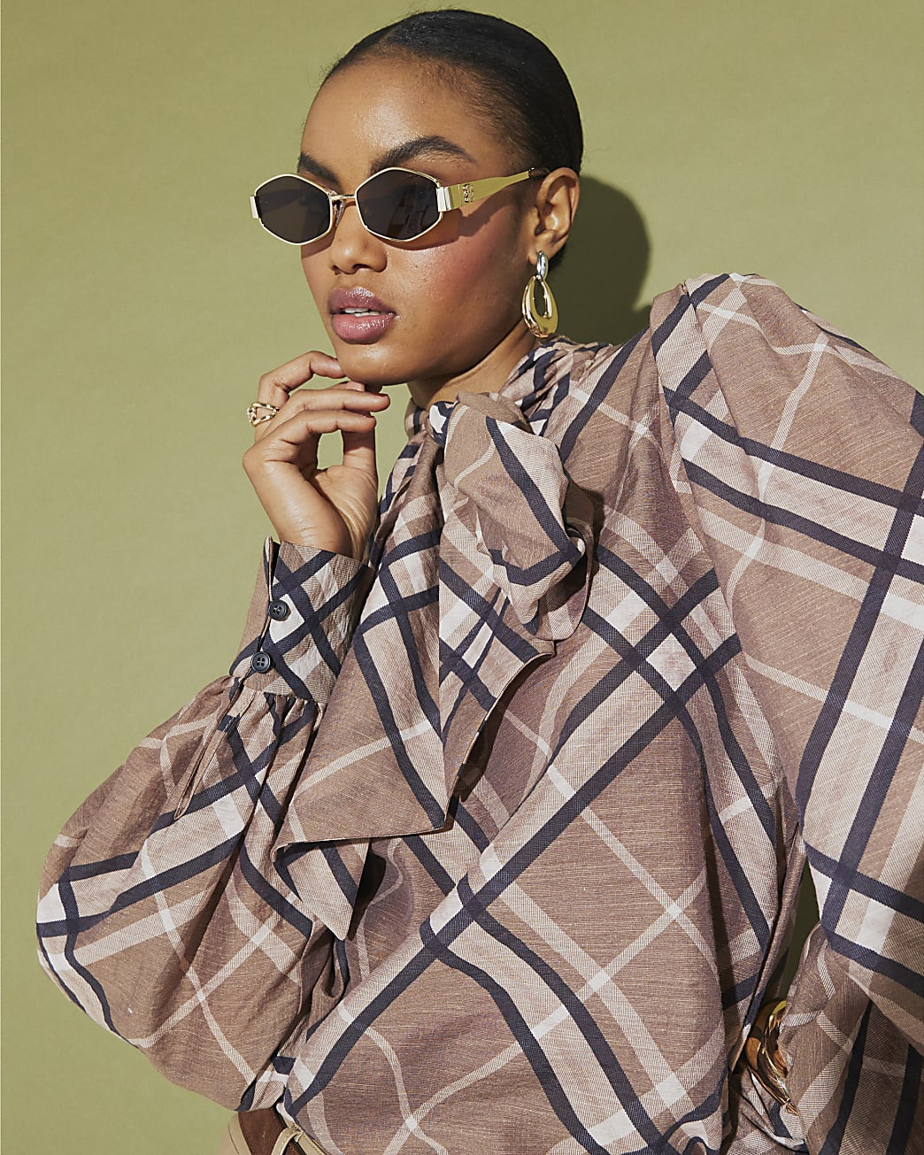 Brown Check Print Pussybow Blouse | River Island UK & IE