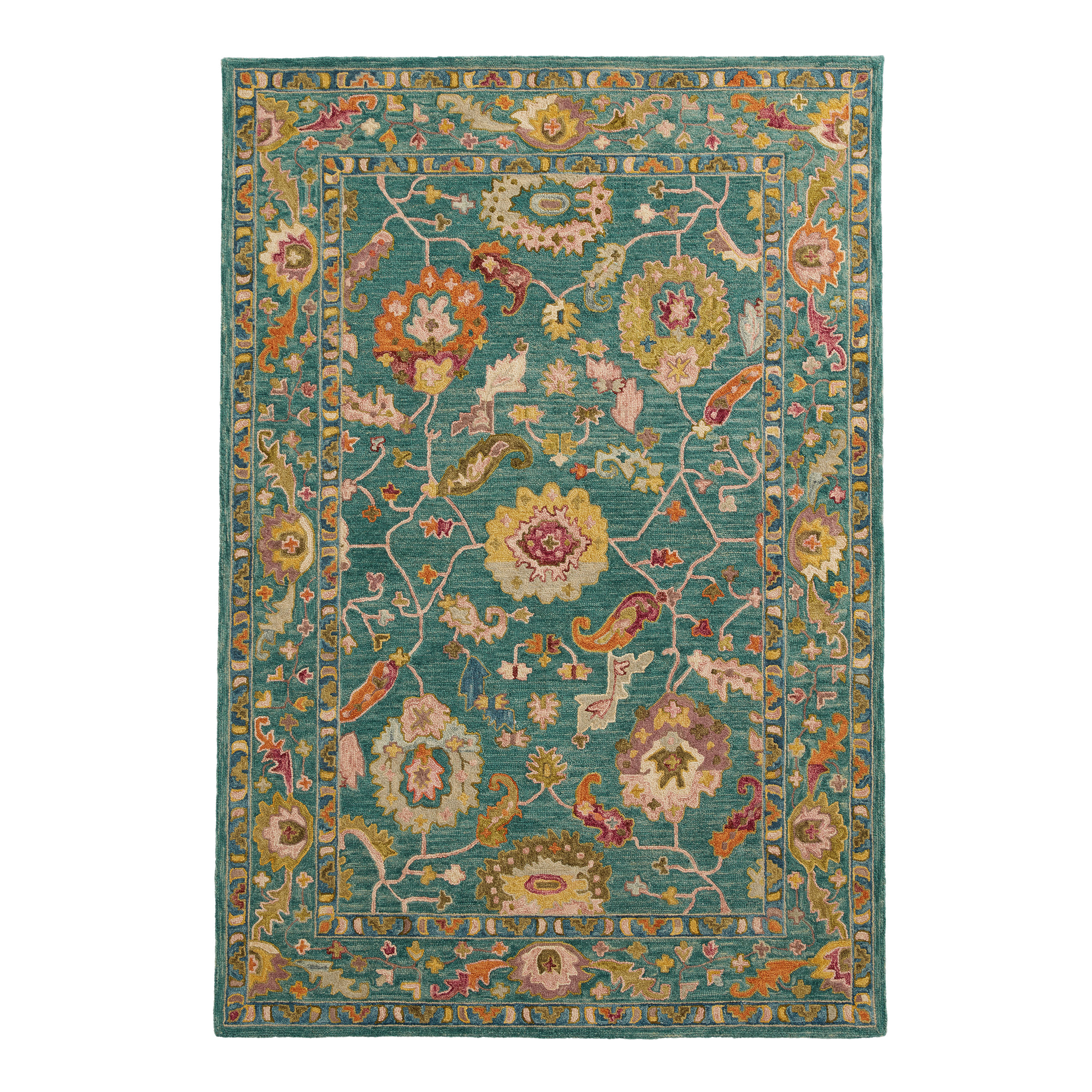 Raya Teal And Multicolor Floral Wool Area Rug | World Market