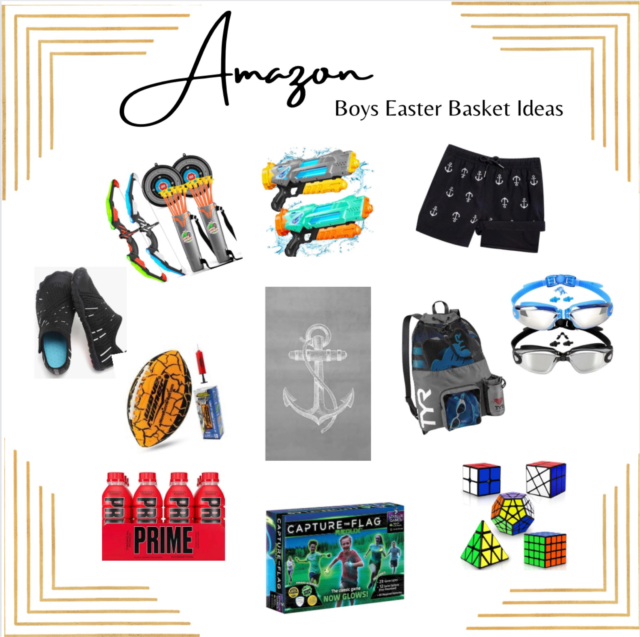 Tween Boys’ Easter Basket Ideas! From archery to water guns or a good ‘ol game of glow in the dark capture the flag - outdoor fun is where it’s at! Pool gear is always a hit too, with beach towels, water shoes, a pool backpack, goggles and Prime drinks to keep you hydrated. Don’t forget some cool swim trunks! Lastly, rubix cubes are back in a big way- how about a cool new modern set for your tween to solve while poolside or on the beach?
#tween #tweenboy #easter #gifts #pool #beach #outdoorgames

#LTKGiftGuide #LTKSeasonal #LTKFind