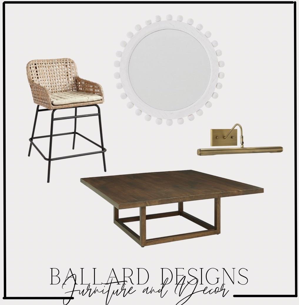 Ballard designs finds, extra large coffee table, Bailey woven counter stool, picture light, ball mirror, Lindy mirror 

#LTKHome