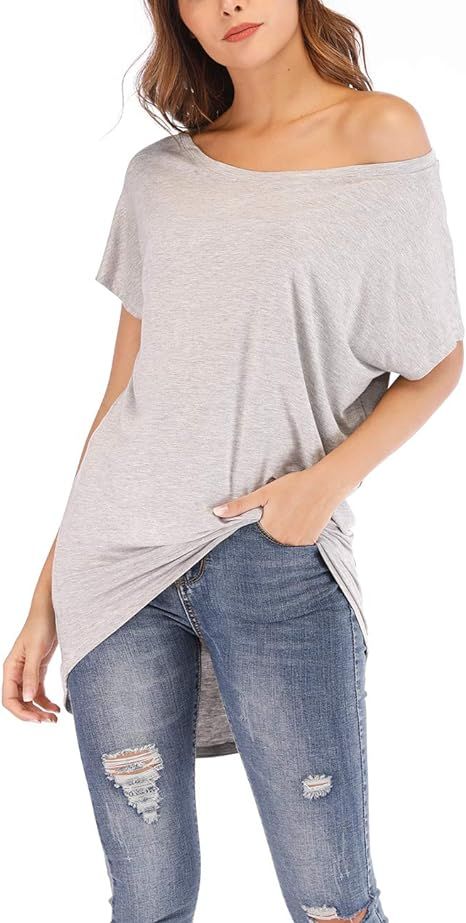 Womens Off Shoulder T Shirts Loose Casual Batwing Short Sleeve Oversize Blouse Tops | Amazon (US)