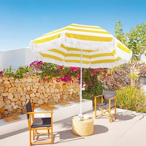 Outdoor Striped Patio Umbrella Yellow Holiday Beach Umbrellas for Sand UV Protection Boho Fringe Umbrella Beach with Tilt Market Umbrella 5.9ft Portable Pool Umbrella Waterproof for Garden Deck | Amazon (US)