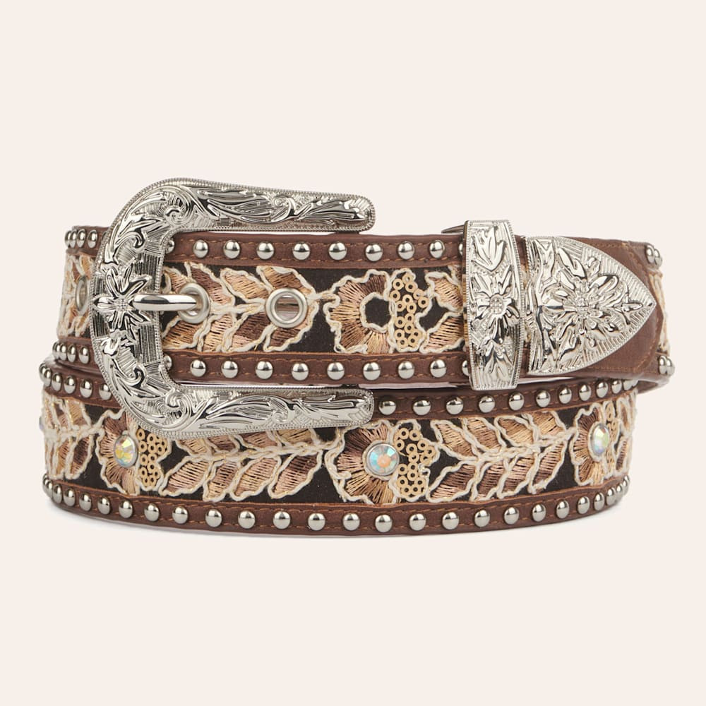 Angel Ranch Women's Brown Leather with Floral Embroidery Crystals and Studs Western Belt | Cavender's