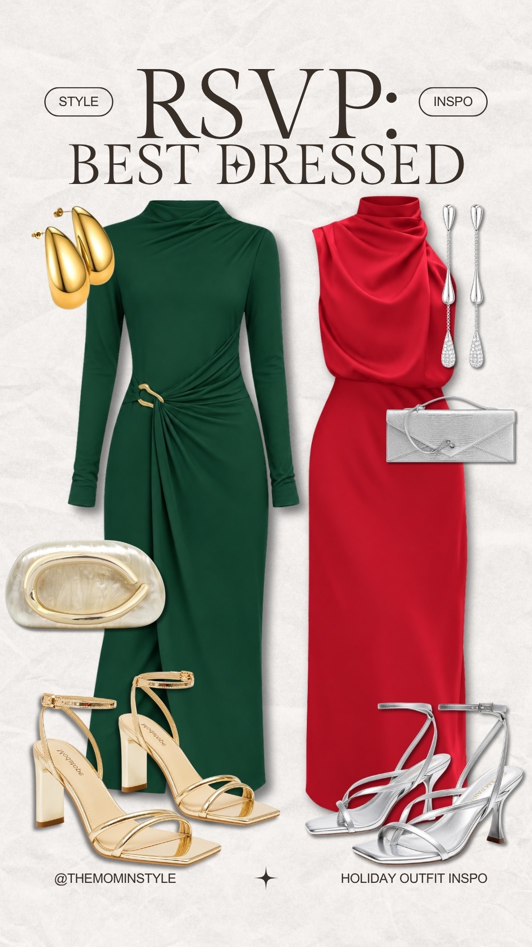 Holiday party season is coming, and these dresses are SO good! The emerald green dress with gold accessories and the red dress with silver heels are two gorgeous options for Christmas parties, holiday dinners, and dressier events.
holiday party outfits, Christmas party dresses, holiday dresses for women, emerald green dress, red holiday dress, Christmas outfit ideas, holiday heels, festive outfits, women over 40 style, themominstyle