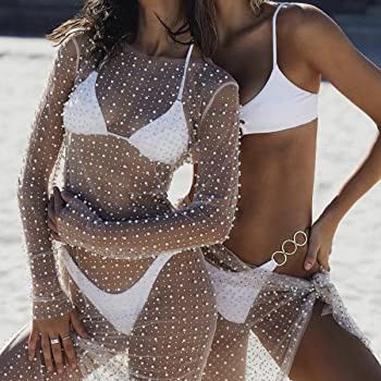 Honganda Sexy Women's Sheer Mesh Pearl Rhinestone Cover Up Dress Beach Swimwear Bikini Bathing Su... | Amazon (US)