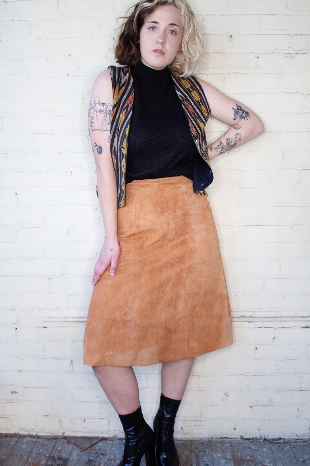1970s Camel Suede A Line Skirt, Vintage High Waisted Tan Leather Skirt | Etsy (US)