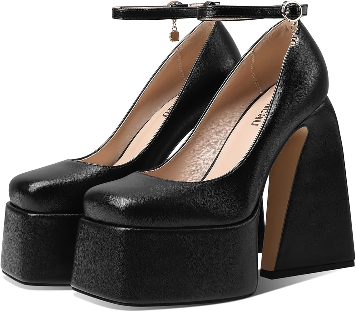 Uacllcau Women's Platform Chunky Heel Pumps for Women Sexy Square Toe Ankle Rhinestones Strap Par... | Amazon (US)