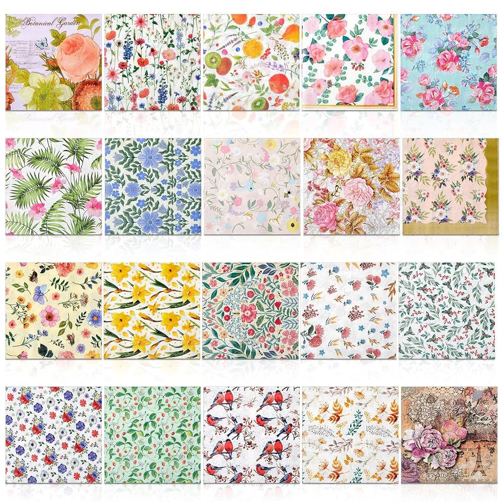 Crtiin 20 Pack Assorted Floral Napkins for Decoupage Toile Napkins Flower Cocktail Decorative Pap... | Amazon (US)