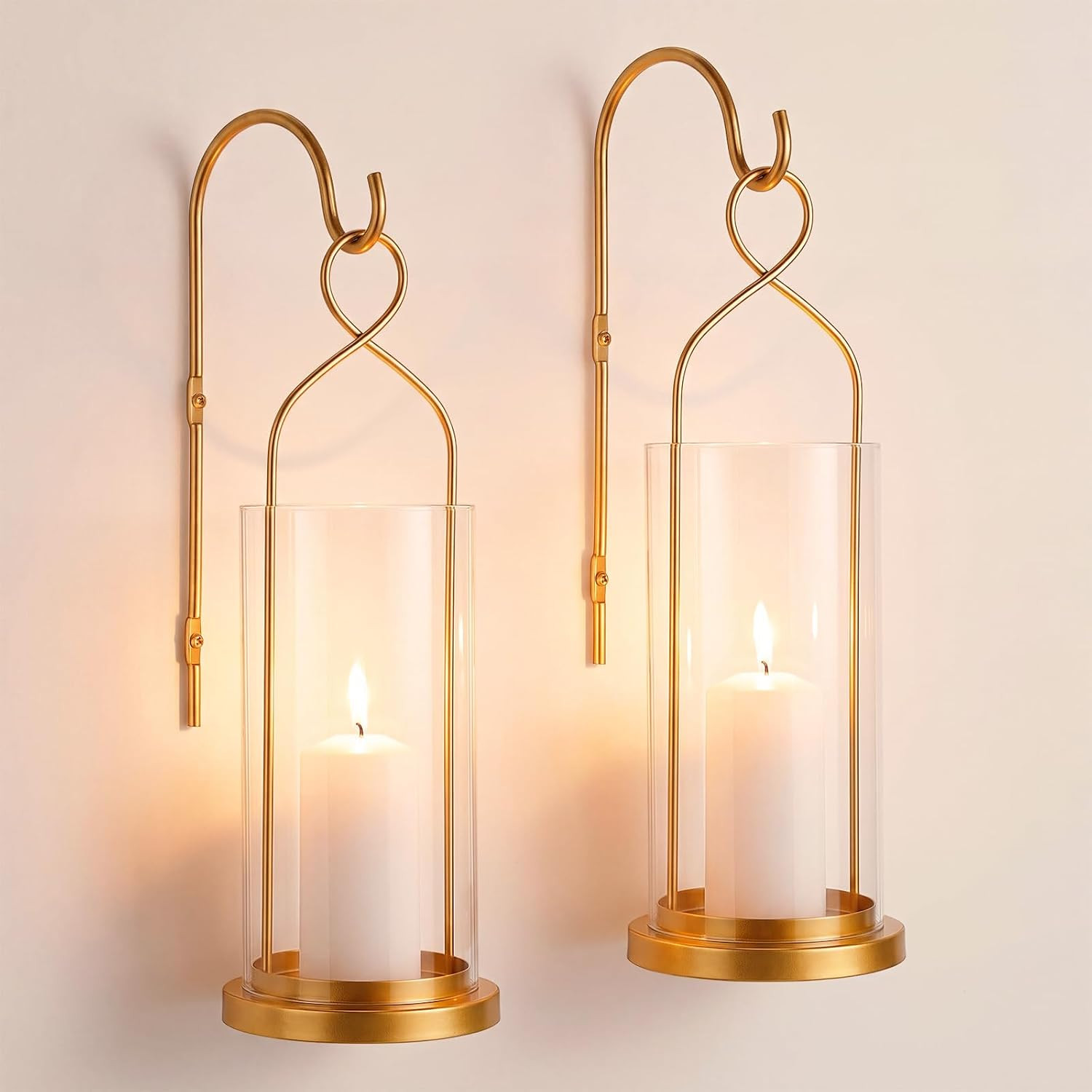 Set of 2 Gold Wall Candle Sconces Decor Wall Candle Holder for Pillar Candles - Modern Metal Hurricane Lantern Decoration for Indoor Porch Fireplace Bathroom Living Room | Amazon (US)