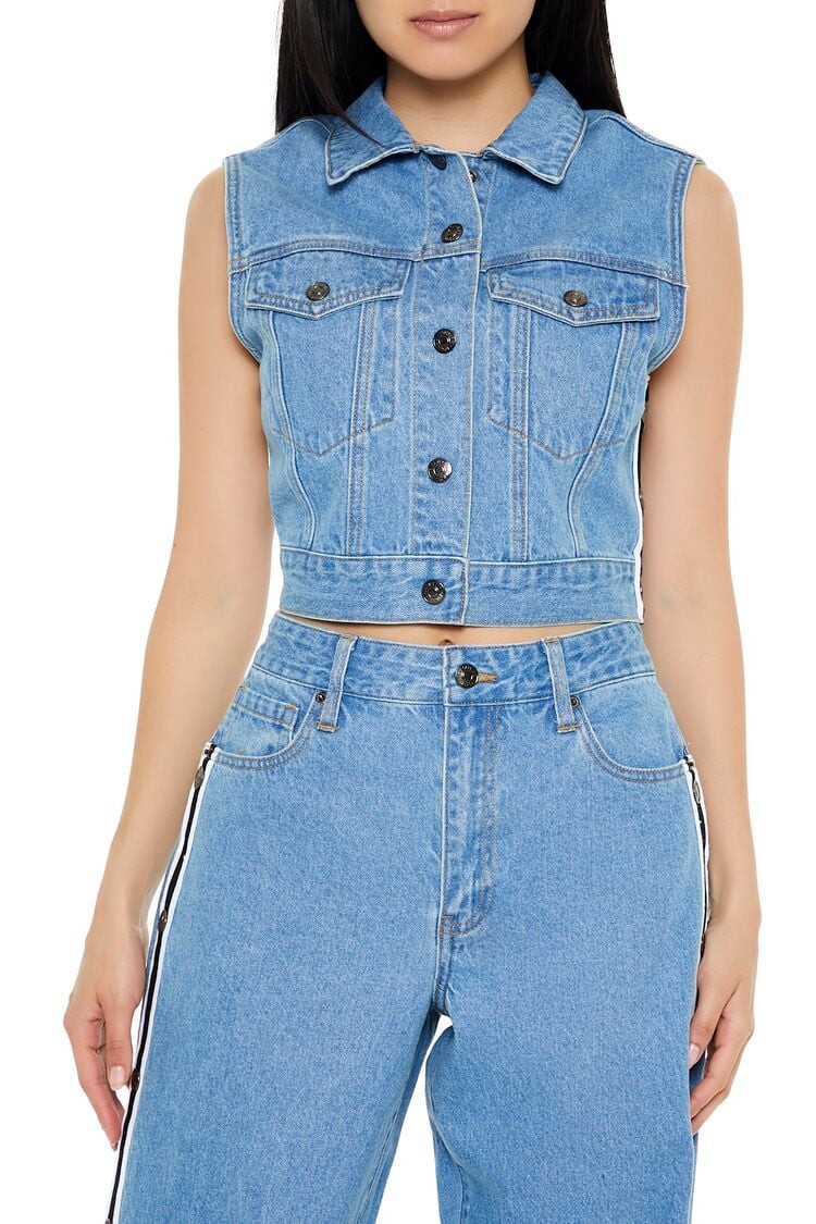 Women's Cropped Denim Vest in Medium Denim Small | Forever 21