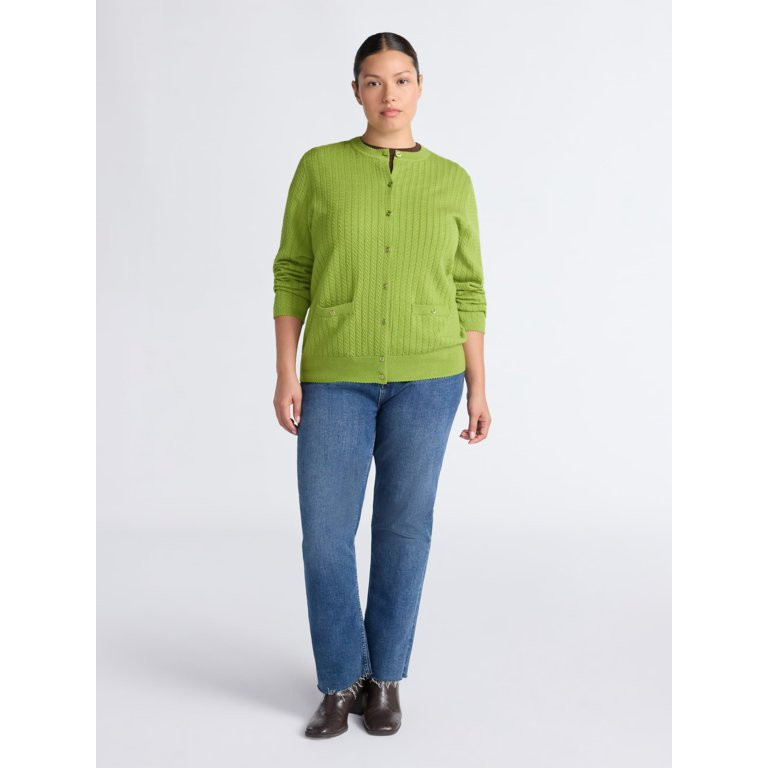 Free Assembly Women's and Women's Plus Cozy Yarn Welt Pocket Cable Cardigan Sweater, Midweight, S... | Walmart (US)