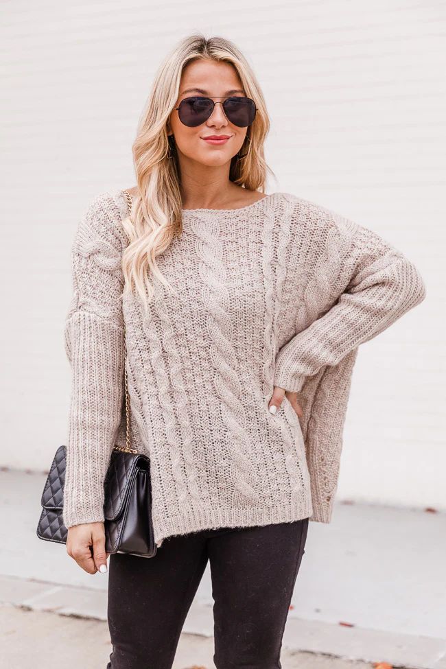 Alone With You Taupe Cable Knit Sweater DOORBUSTER | The Pink Lily Boutique