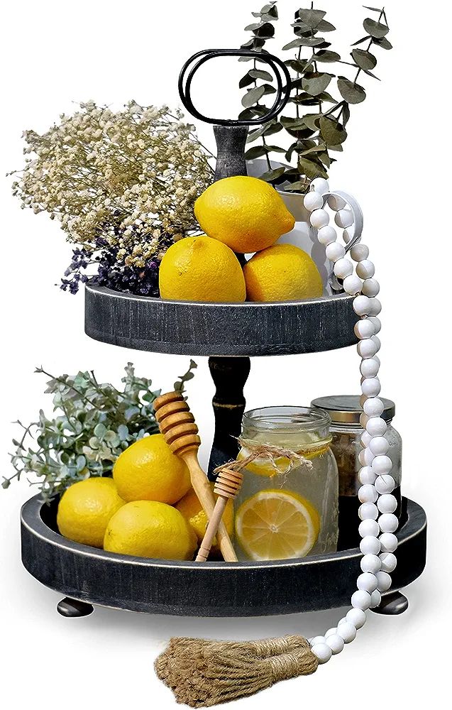 Farmhouse Tiered Tray with Beads Home Decor, Wooden 2 Tier Tray for The Coffee Table Kitchen Tier... | Amazon (US)