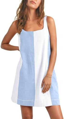 CHARTOU Women Summer Sleeveless Linen Dress Color Block Short Beach Vacation Tank Dress | Amazon (US)
