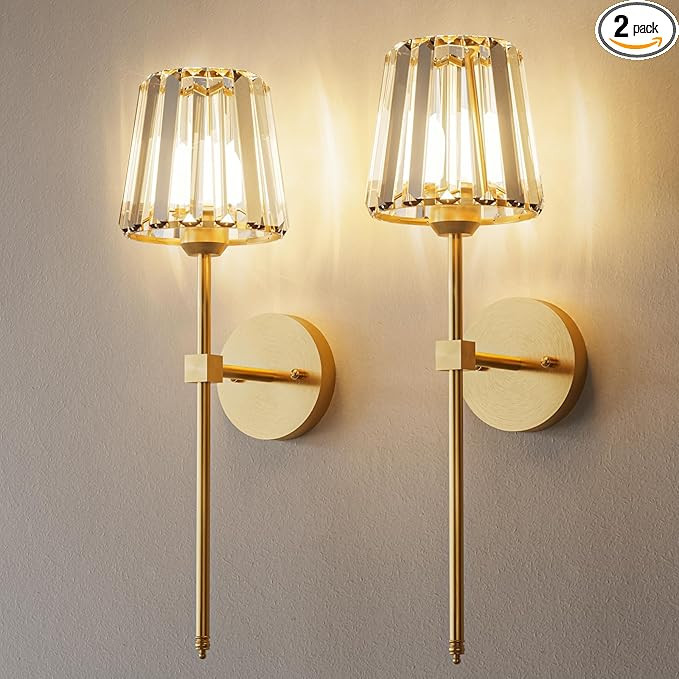 Crystal Battery Operated Wall Sconces Set of 2, Gold Rechargeable Wireless Wall Sconce Lights wit... | Amazon (US)