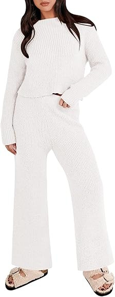 ANRABESS Women's Two Piece Outfits Chunky Knit Fuzzy Sweater Set Long Sleeve Crop Pullover Wide L... | Amazon (US)