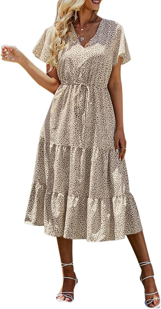 PRETTYGARDEN Women's Floral Boho Dress Casual Short Sleeve V Neck Ruffle Tiered 2023 Summer Swing... | Amazon (US)
