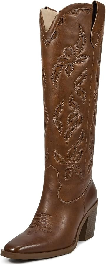 ISNOM Knee High Cowboy Cowgirl Boots for Women, Western Boots with Pull On Tab, Chunky Heel Desig... | Amazon (US)
