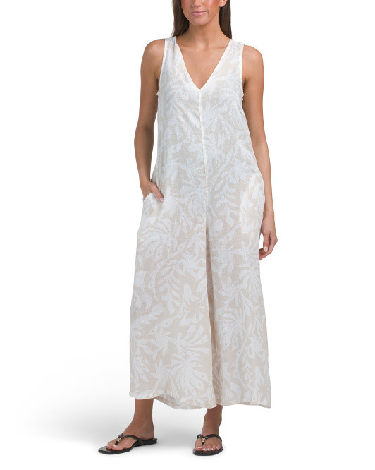 Linen Blend Printed Sleeveless V-neck Wide Leg Cover-up Jumpsuit | TJ Maxx