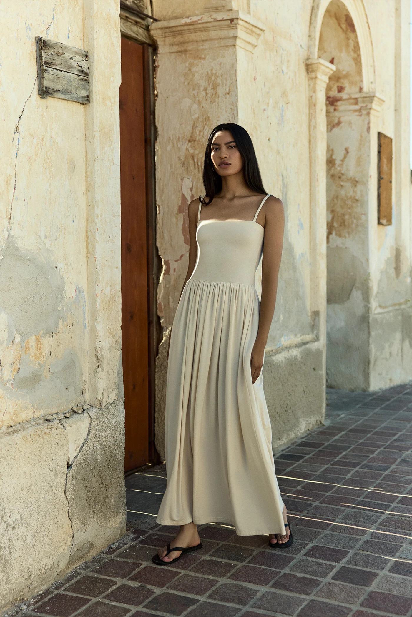 Square Neck Gathered A-Line Maxi Dress in Compact Jersey | Anemos Swim (US)