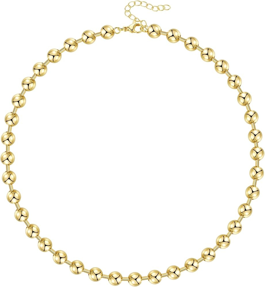 KissYan Gold Beaded Necklace for Women, 14K Gold Plated Adjustable High-Polished Basic Metal Ball... | Amazon (US)