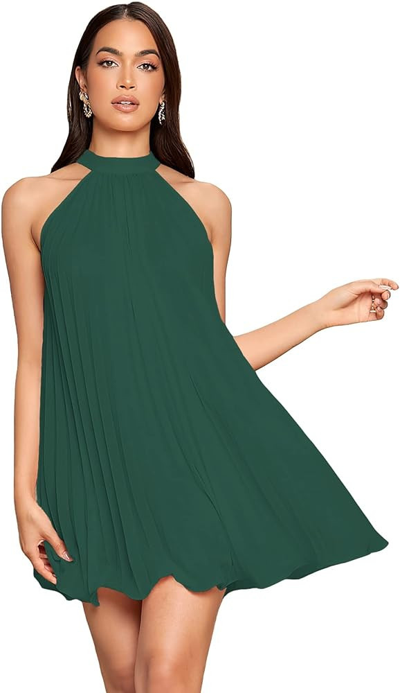 SweatyRocks Women's Casual Sleeveless Tie Back Halter Dress Mini Swing Pleated A-line Loose Dress | Amazon (US)