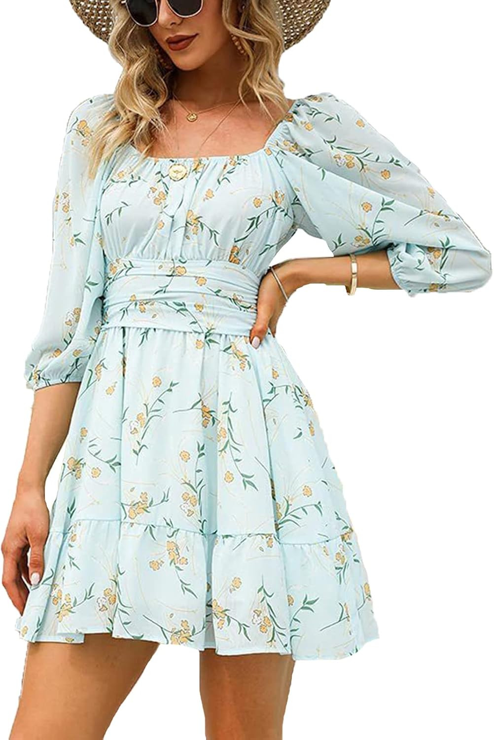 Women Romantic Dresses Boho Vintage Lantern Sleeve Tie Back Mini Dress Floral Print A-line Dress ... | Amazon (US)