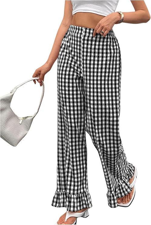 MakeMeChic Women's Plaid Print Elastic Waist Pants Ruffle Hem Straight Leg Trousers | Amazon (US)