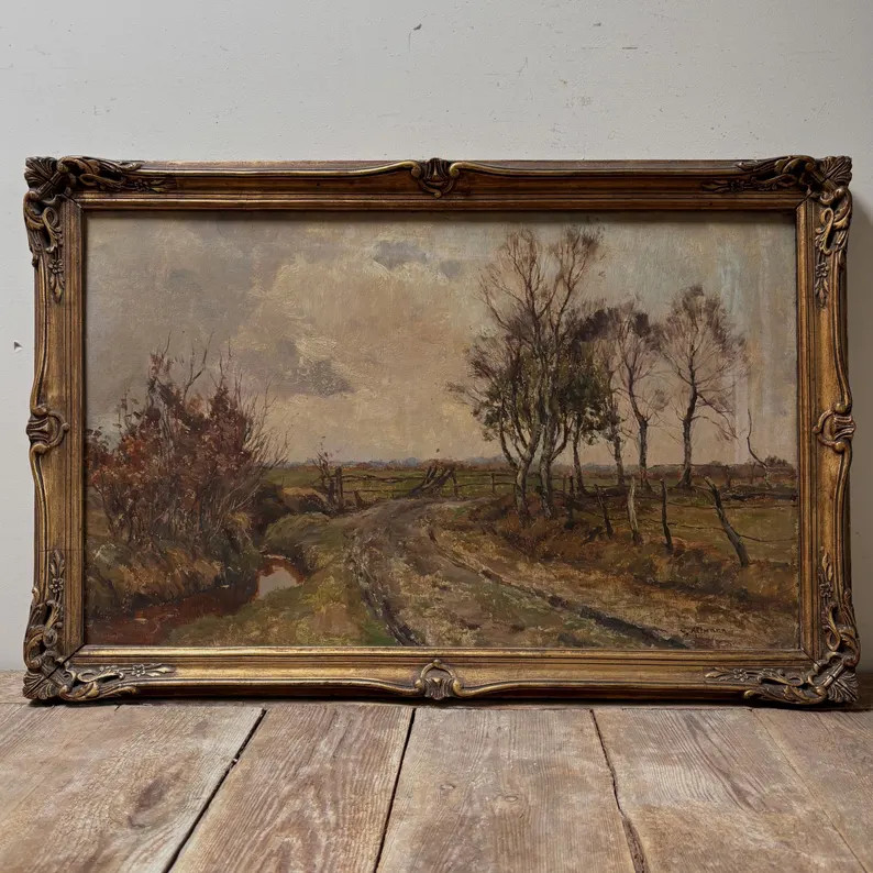 Large Antique Moody Landscape Oil Painting, Dutch Original, Gold Ornate Frame | Etsy (Global)