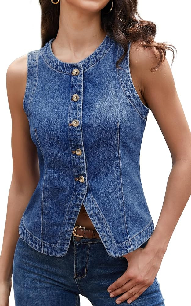 ELLEVEN Women\u2019s Stretchy Crew Neck Denim Vest Summer, Button Down Fitted Jean Vest Top for W... | Amazon (US)