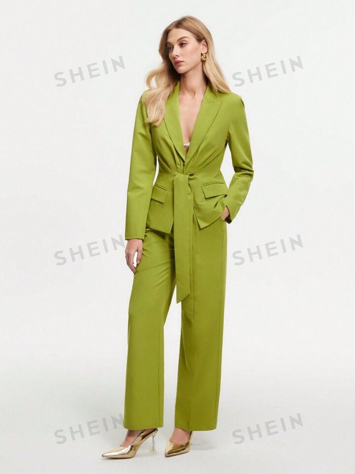 SHEIN BIZwear Ladies' Sharp Point Collar Long Sleeve Blazer And Pants Suit Set | SHEIN