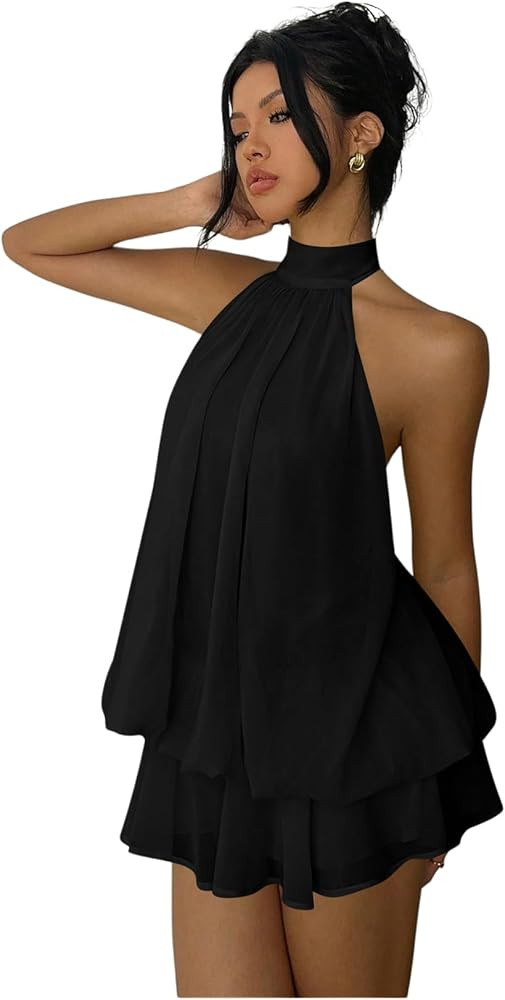 Verdusa Women's Chiffon Halter Drop Waist Wedding Guest Dresses Ruffle Summer Mini Dress Brunch O... | Amazon (US)