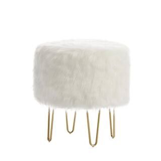 Round White Faux Fur Ottoman with Gold Metal Legs | The Home Depot