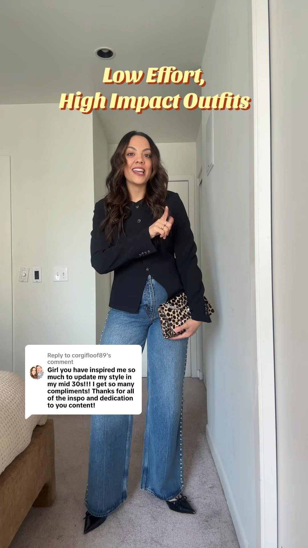 Low effort but high impact outfit ideas!

Outfit 1:
-Aritzia black collarless blazer, I have a size 10. 
-Reformation studded wide leg jeans, I have a size 29. 
-Black kitten heels, similar linked. 
-Tory Burch animal print bag. 

Outfit 2:
-Zara olive green cropped trench, I have a size medium. 
-Aritzia black pull-on pants, I have a medium. 
-Anthropologie cognac brown woven bag. 
-Brown aviator sunglasses, similar linked. 
-Aritzia white t-shirt, I have a size medium. 

Outfit 3:
-Aritzia brown polka dot dress, I have a size medium. 
-Aritzia taupe bomber jacket, I have a size medium. 
-Gold slingback kitten heels, similar linked. 
-Madewell olive green woven bag. 


#LTKjeans #LTKcanada #LTKstyletip