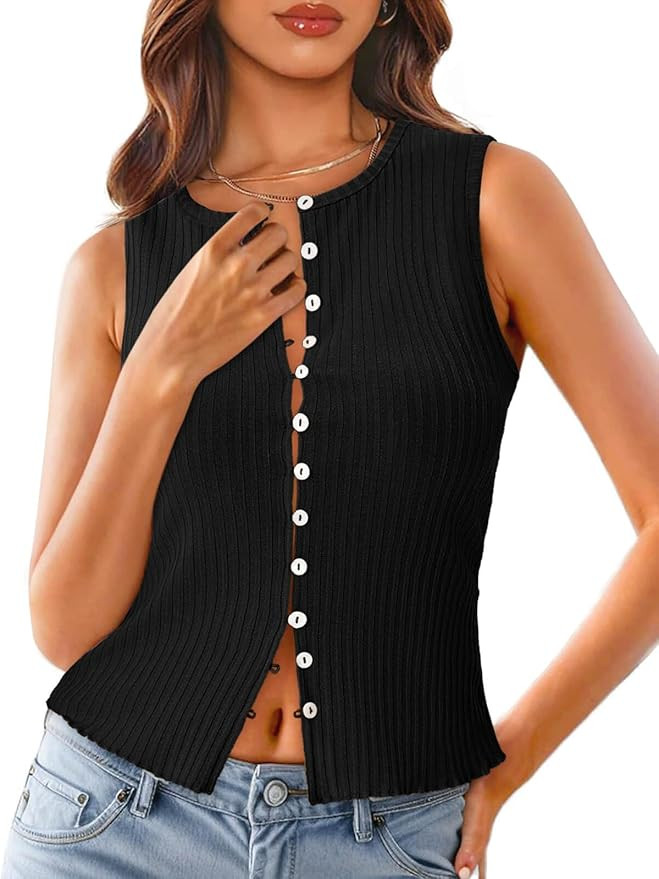 Tankaneo Womens Going Out Tops Summer Cute Ribbed Tank Crop Button Up Vest Top Y2K Sexy Outfits | Amazon (US)