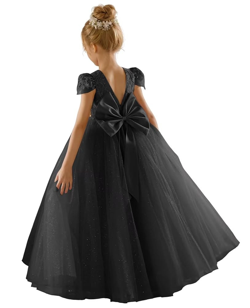 JISISANG Flower Girls Lace Cap Sleeve Dress for Wedding Puffy Tulle Back V-Neck Pageant Prom Ball... | Amazon (US)