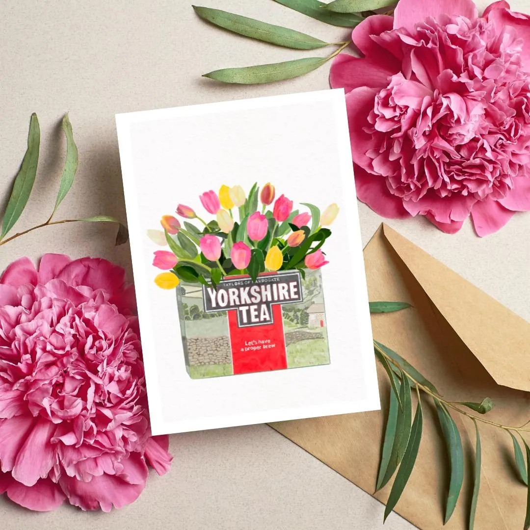 Yorkshire Tea and Tulips A6 Greetings Card, Cottage Garden Theme, Mothers Day Birthday Anniversar... | Etsy (US)
