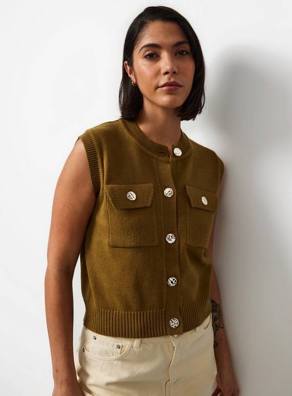 Khaki Gold Button Utility Knitted Waistcoat XS | Tu Clothing