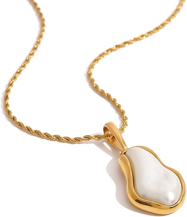 Dainty Gold Pearl Pendant Necklaces for Women Big Baroque Pearl Necklace Simple Statement Necklac... | Amazon (US)